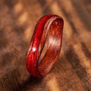 Wooden band with red resin Handmade wood ring red bentwood ring for women and for men