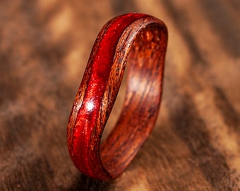 Wooden band with red resin Handmade wood ring red bentwood ring for women and for men