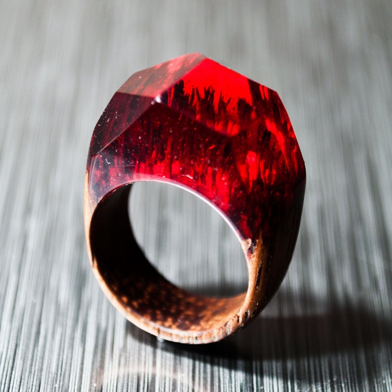 Wooden Resin Ring Custom Fit Makes Beautiful 5th Anniversary Gift and Wood Anniversary Gift for Her Ring Resin Ring Red