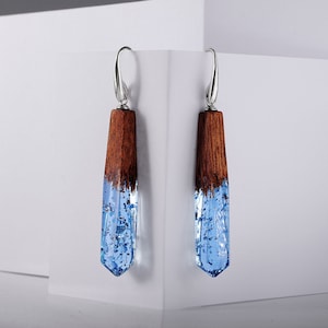 Wood Resin Earrings - Exotic Wooden Earrings with Transparent Resin Top. Geometric Earrings.