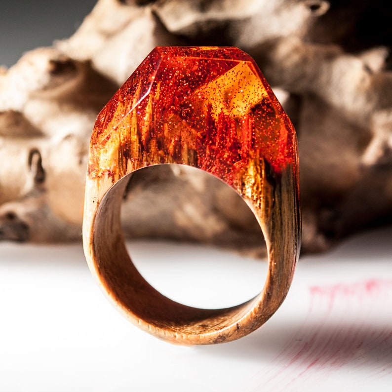 Wood Resin Ring Made of Epoxy Resin with Glitter and Teak Wood Resin Rings for Women and Girls Makes a Great Gift. Present this unusual ring image 1