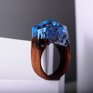 Wood Resin Rring - Exotic Wooden Ring with Transparent Resin Top. Geometric Ring.