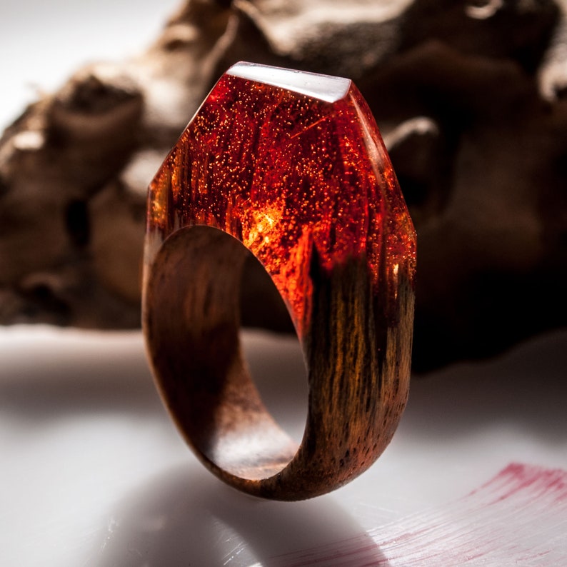 Wood Resin Ring Made of Epoxy Resin with Glitter and Teak Wood Resin Rings for Women and Girls Makes a Great Gift. Present this unusual ring image 4