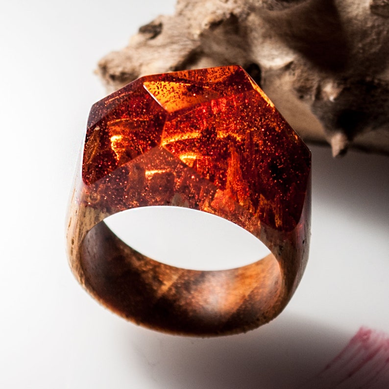 Wood Resin Ring Made of Epoxy Resin with Glitter and Teak Wood Resin Rings for Women and Girls Makes a Great Gift. Present this unusual ring image 7