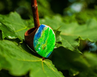 Resin Art Painting Wooden Ring for woman green statement ring with resin artwork