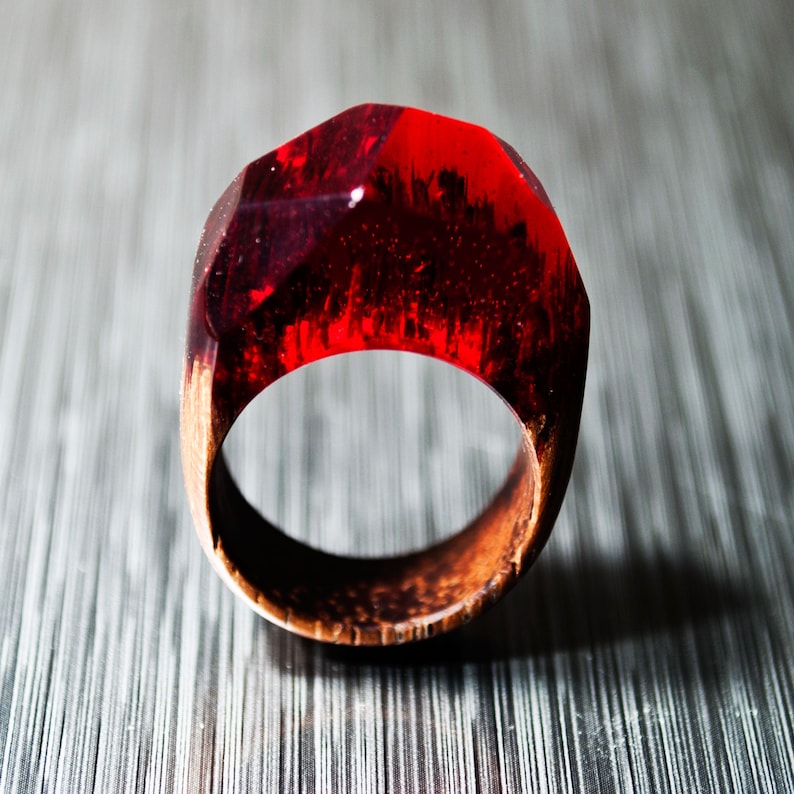 Wooden Resin Ring Custom Fit Makes Beautiful 5th Anniversary Gift and Wood Anniversary Gift for Her Ring Resin Ring Red