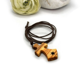 Hand Carved Olive Wood Carmelite Cross Necklace: Christian Gift