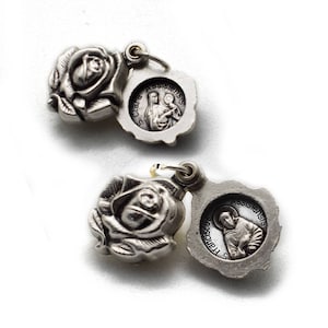 St Francis of Assisi /St Clare Double Sided Rosebud Locket Swings Open, Saint Francis necklace, Stainless steel necklace, Franciscan pendant