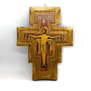 San Damiano wooden crucifix, Handmade icon of Saint Damian, Religious art wall hanging on wood, Religious icon, Catholic gift