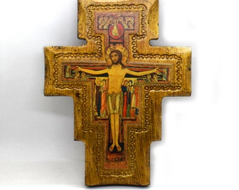 Crucifix en bois de Saint-Damien, Icône faite main de Saint Damien, Art religieux mural suspendu sur bois, Icône religieuse, Cadeau catholique