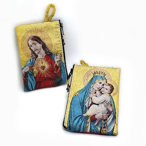 Sacred Heart & Our Lady Rosary Pouch: Catholic Gift, Handmade in Italy