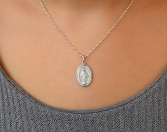 Sterling Silver Miraculous Medal Necklace: Rhodium-Plated Virgin Mary Pendant