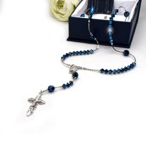 Rosario de plata esterlina con elementos Swarovski, collar rosario de plata esterlina chapado en rodio - Collar cristiano italiano de alta calidad