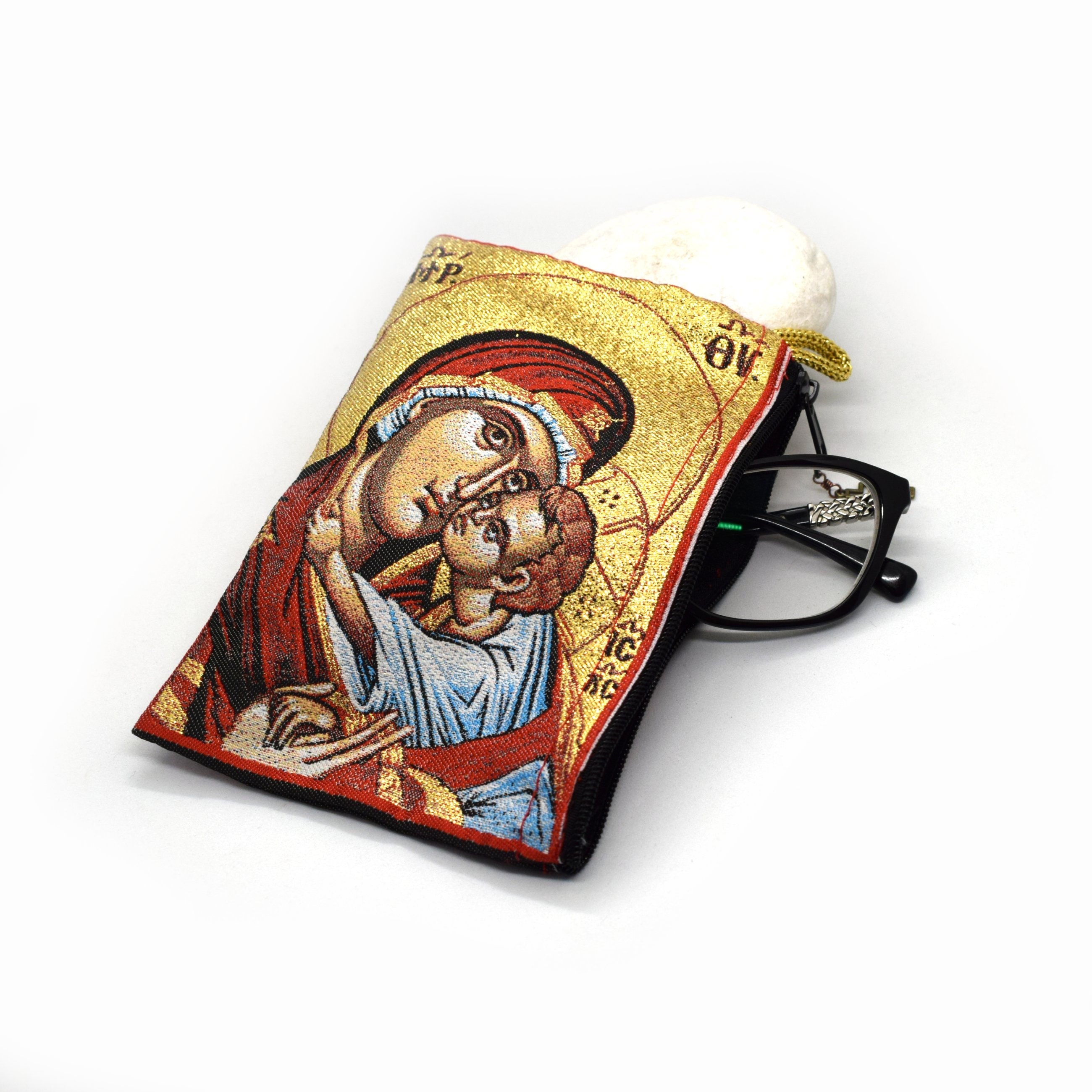 Virgin of Tenderness Rosary Pouch: Greek Orthodox Icon Tapestry Case