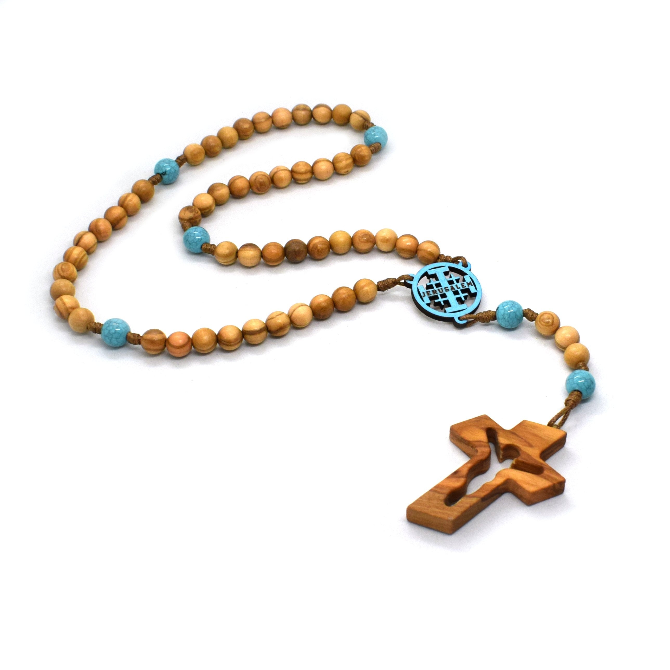 Handmade Olive Wood Rosary: Jerusalem Cross, Blue Beads