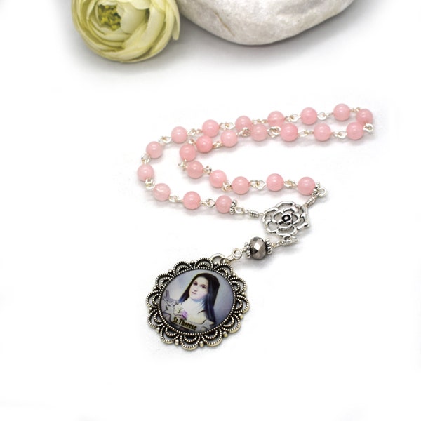 Saint Therese  of Lisieux Chaplet, The Little flower chaplet in rose quartz, 24 Glory Be Novena to st. Therese of Lisieux, Prayer beads