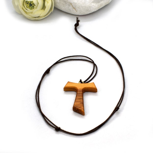 Large Tau cross Olive Wood pendant, Saint Francis of Assisi Necklace, Franciscan pendant, Christian gift, First Communion, Wooden Necklace