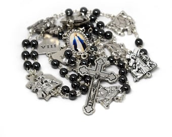 Stations of the Cross Rosary: Handmade Hematite Beads, Italian Crucifix