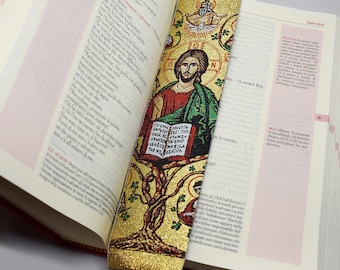 Signet en tissu arbre de vie, signet icône byzantine, Jésus-Christ avec les apôtres, Ampelos True Vine, art chrétien, cadeau Bible Booklover