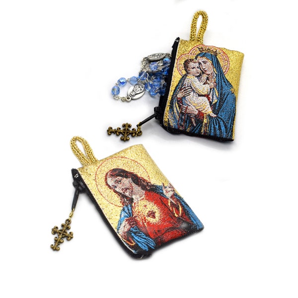 Sacred Heart of Jesus / Virgin Mary and Infant Jesus Rosary pouch, Icon Tapestry rosary case, Coin holder, Catholic gift