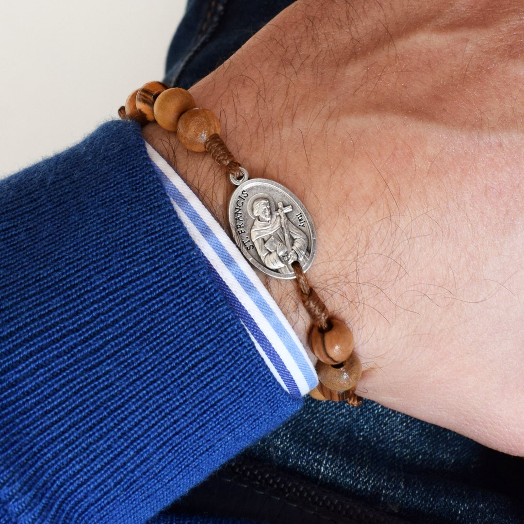 Saint Bracelet With Olive Wood Beads, Choose Your Saint, Personalized