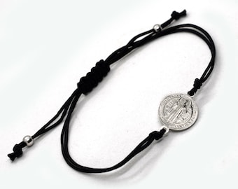 Rhodium überzogene Sterlingsilber Heiligen Benedikt Armband - Einstellbare Italienische Medaille