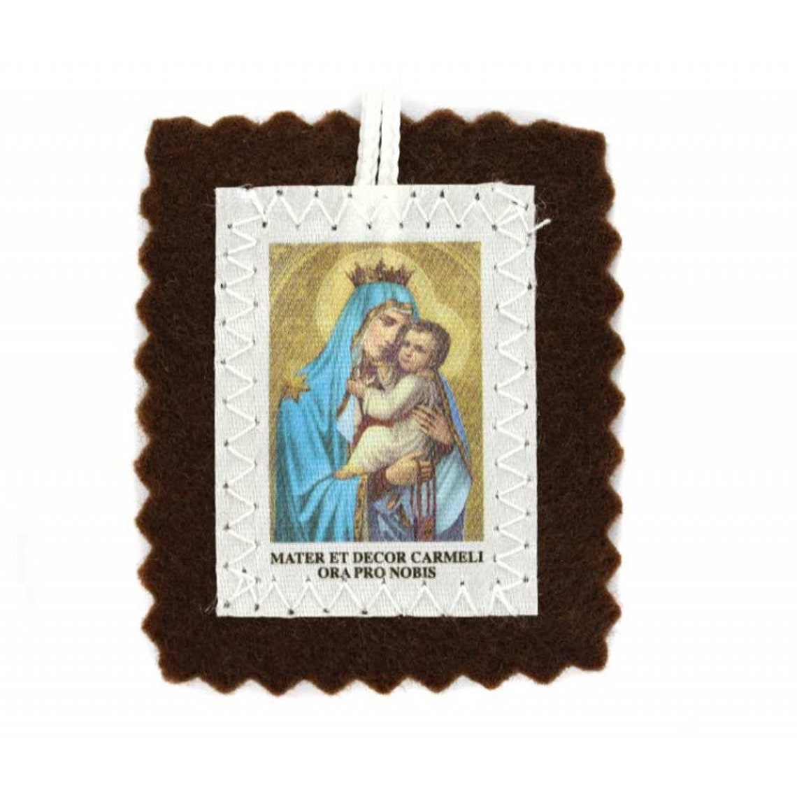 Scapolare Madonna Del Carmelo E Sacro Cuore - Set 10 Pezzi 5,5x4,5cm, Stoffa Marrone, Made In Italy - Foto 6