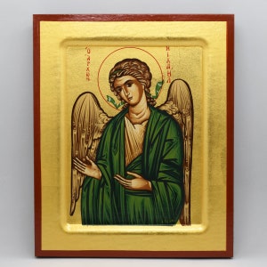 Archangel Michael Orthodox Icon, Handmade Greek icon of Saint Michael, Byzantine art wall hanging on wood, Religious icon, Catholic gift