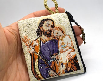 Bolsa del Rosario de San José y el Niño Jesús, estuche del rosario Icon Tapestry, porta monedas cristianas, regalo católico