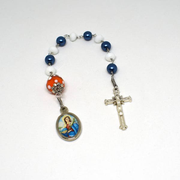 Saint Lucy patron saint rosary tenner, St Lucy One decade Chaplet in blue white & red beads, Colorful Pocket rosary, Christmas Catholic gift