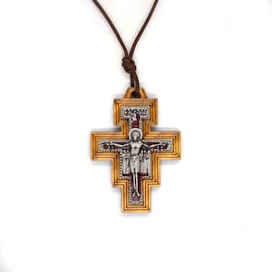 San Damiano wooden crucifix, Olive Wood pendant, Saint Francis of Assisi Necklace, Franciscan pendant, Faith gift, First Communion, Baptism