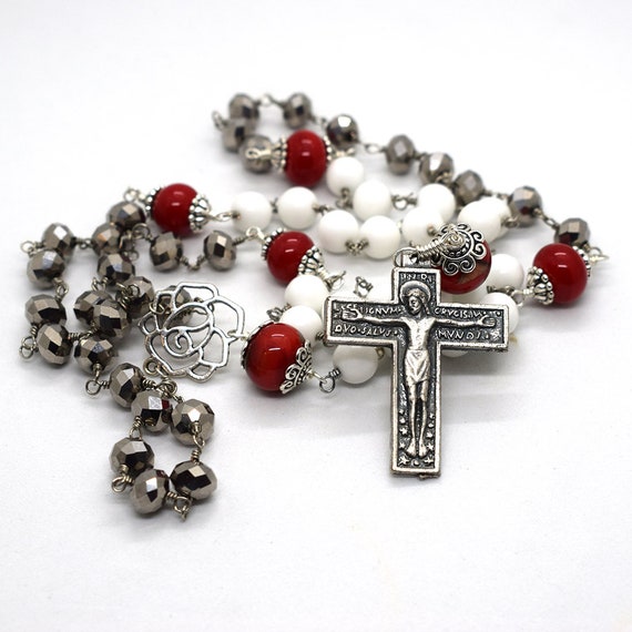 Christmas Italian Rosary - White and red gemstone rosary with Murano glass