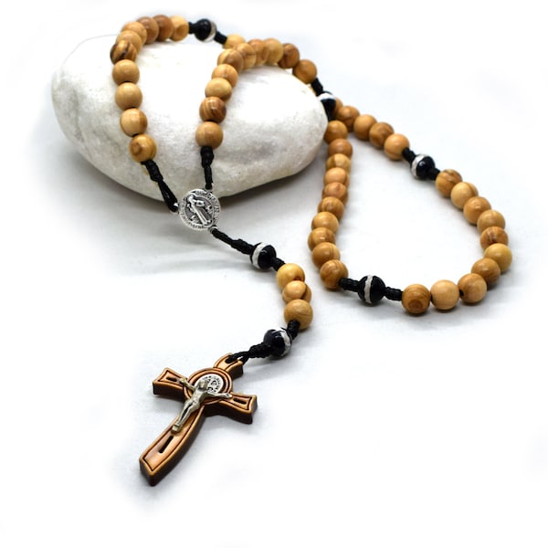 Saint Benedict Olive wood rosary, Italian cord rosary with St Benedict medal, Wooden rosary, Handmade rosary, San benito, Catholic gift