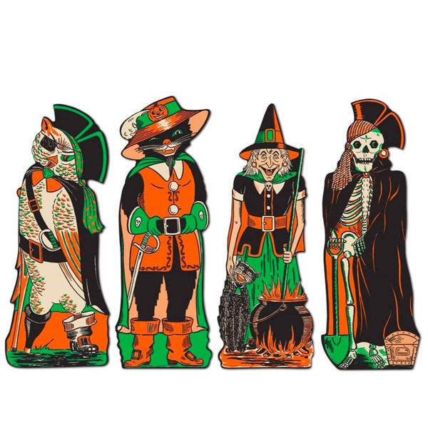 Vintage Halloween Decorations, Beistle Reproduction, 17" Fancy Dress Cutouts, Set of 4 Witch, Cats and Skeleton, Spooky Costume Party Fun