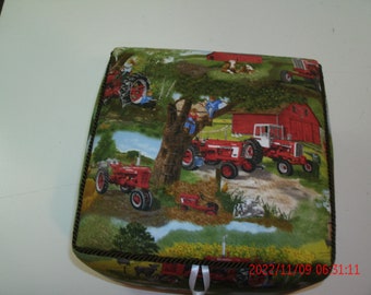 farm tractors, fabric box, handmade, large, lidded storage box, keepsake box, treasure box.