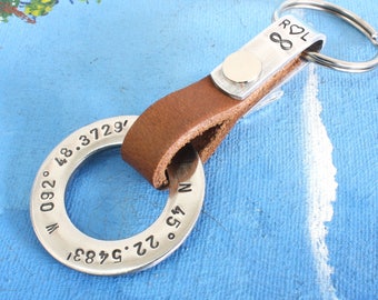 Coordinates Keychain,Coordinate Keychain, Personalized Leather Keychain,Mens Personalized leather keychain,Latitude Longitude GPS Keychain