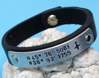 Mens Leather coordinate bracelet ,Leather Men's Bracelet,coordinate bracelet,Latitude Longitude Personalized Bracelet