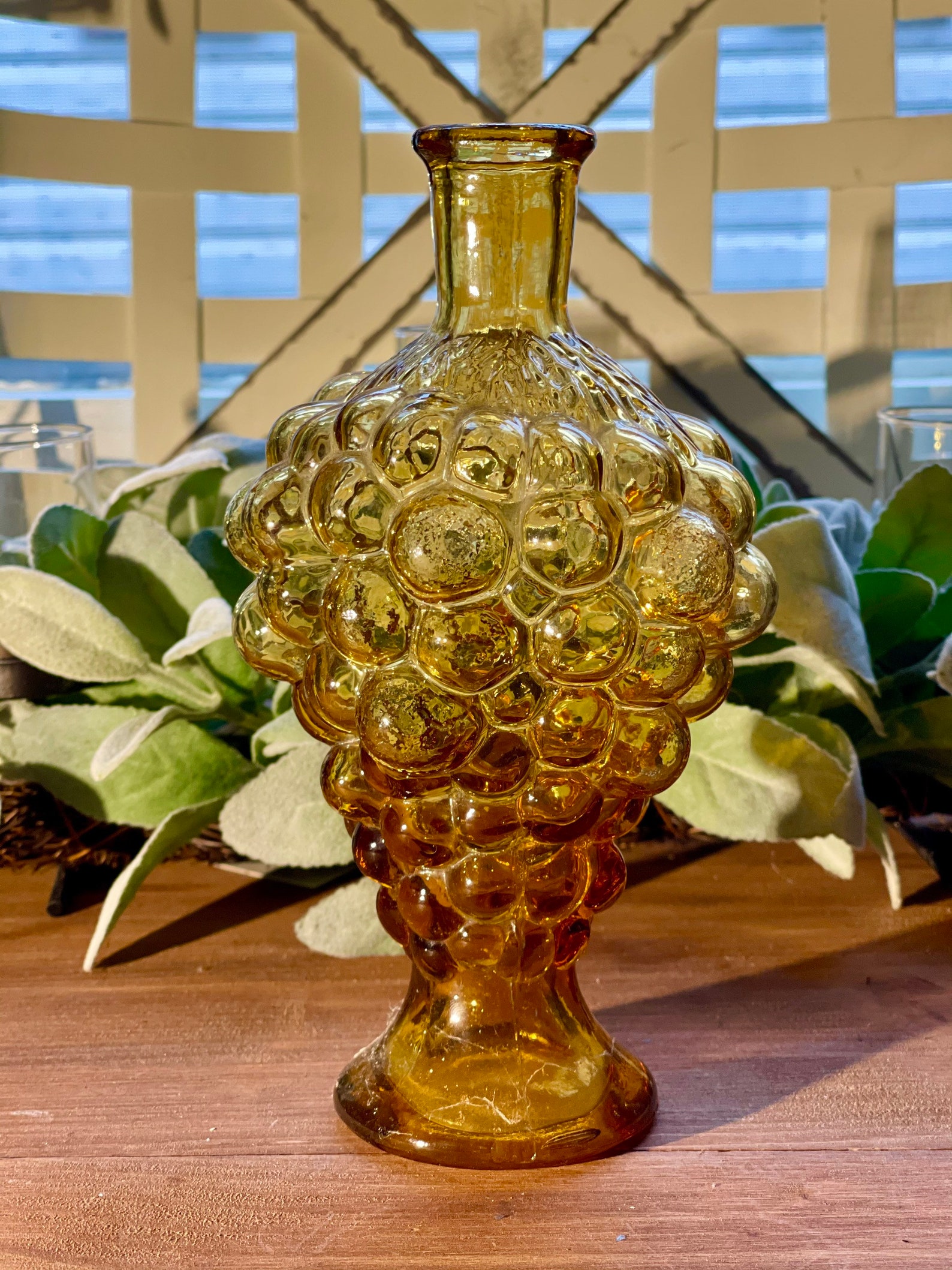 Vintage Amber Yellow Glass Grapes Bottle Decanter Vase Etsy