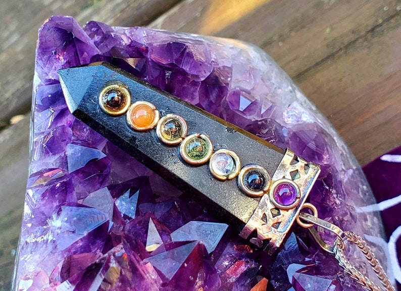 Natural Black Tourmaline Prism Stone with Chakra Stones on Silver Pendant with Silver Rope Chain 925 Protection from Negative Energy Amulet