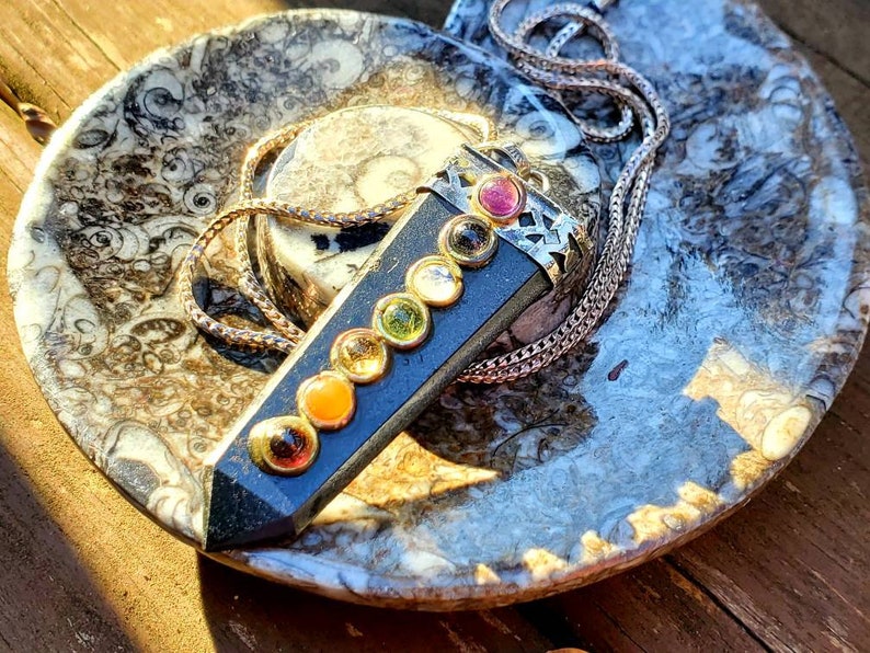 Natural Black Tourmaline Prism Stone with Chakra Stones on Silver Pendant with Silver Rope Chain 925 Protection from Negative Energy Amulet