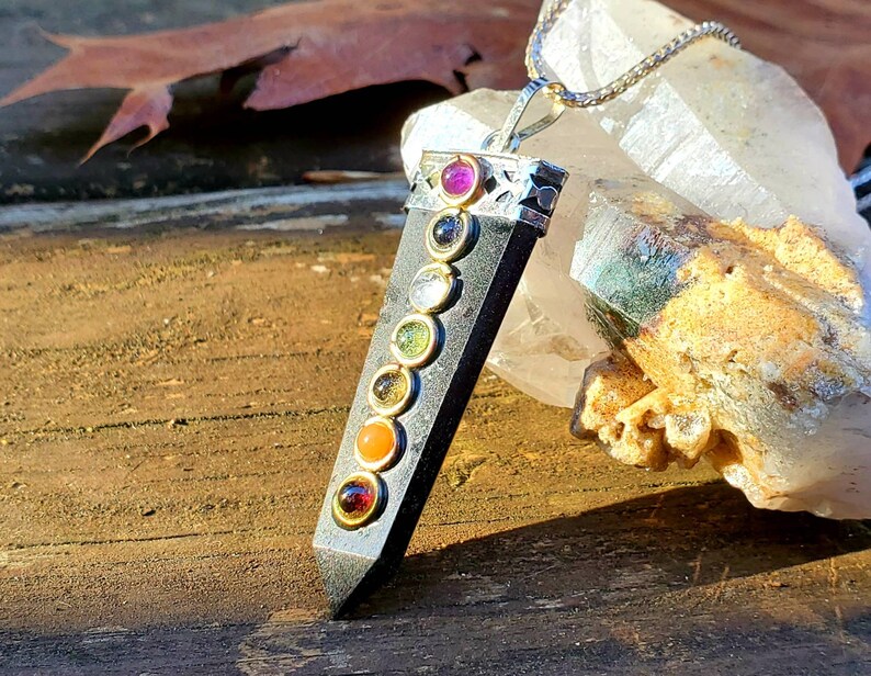 Natural Black Tourmaline Prism Stone with Chakra Stones on Silver Pendant with Silver Rope Chain 925 Protection from Negative Energy Amulet