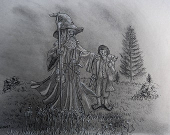 The Return Journey Of Gandalf And Bilbo Baggins, The Hobbit - Original Charcoal Illustration Drawing - Lord of the Rings - Middle Earth Art