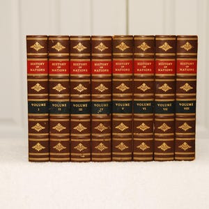 May include: A set of eight brown leather-bound books with gold accents and red lettering. The books are titled "History of Nations" and each volume is numbered from I to VIII.