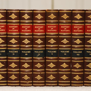 May include: A set of eight brown leather-bound books with gold accents and the title "History of Nations" on the spine. Each book is labeled with a Roman numeral from I to VIII, indicating the volume number.