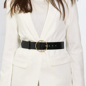 Round Buckle Belt, High Waist Belt, Custom Leather Belt, Black Waist Belt, Blazer Belt