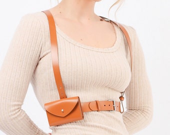 Micro Harness Bag, Brown Leather Body Fashion Harness, Plus Size Harness for Women