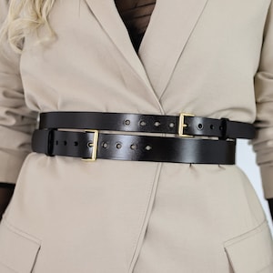 Double Buckle Leather Belt, Black Leather Belt Women, Plus Size Belt, Double Strap Belt, Double Leather Belt