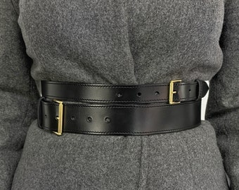 Double Buckle Belt, Wide Leather Belt Women, Leather Corset Belt, Plus Size Belt, Black Leather Belt