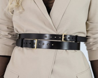 Cinturón de cuero con doble hebilla, cinturón de cuero negro para mujer, cinturón de talla grande, cinturón de doble correa, cinturón de cuero doble