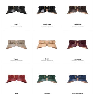 May include: A collection of wide waist belts in various colors, including black, patent black, dark brown, taupe, cream, burgundy, red, evergreen, and dark royal blue. Each belt features a double-buckle design with gold or silver hardware.